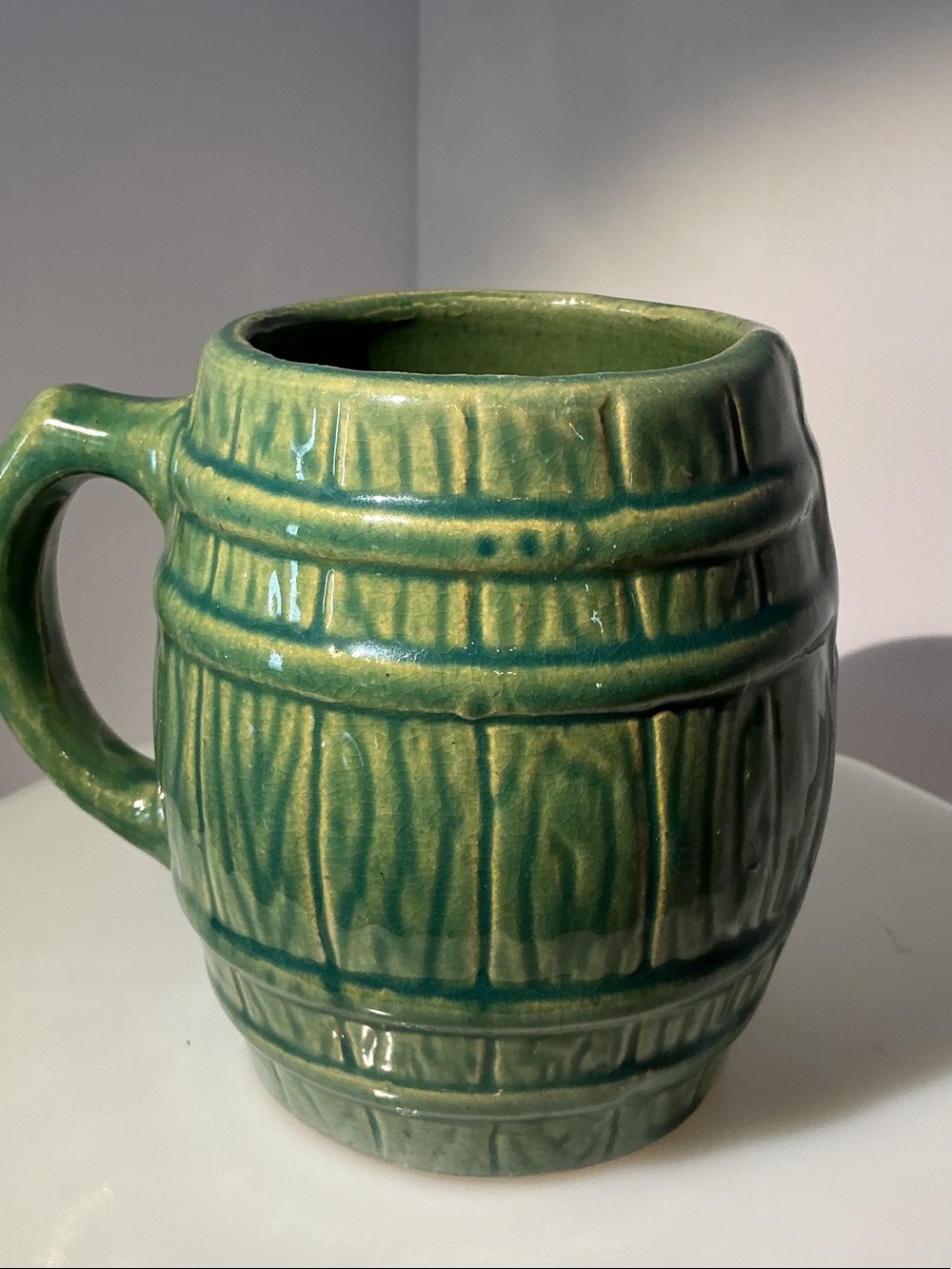 Vintage Nelson McCoy Green Glaze Ceramic Barrel-Style Mug